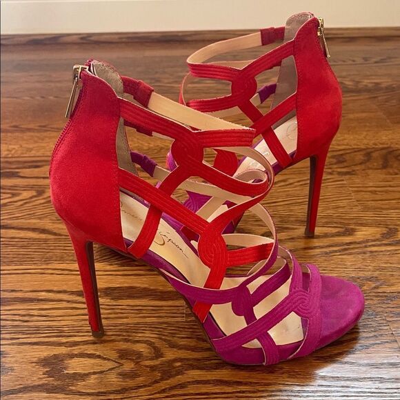 Jessica Simpson Strappy Red and Purple Faux Suede Heels Size 9.5 - Picture 7 of 12